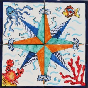 Piastrelle Rosa dei Venti Marina 40x40 cm | Mattonelle Dipinte a Mano in Ceramica Vietrese per Casa al Mare